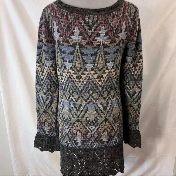 Peruvian Connection Alpaca Wool Blend Sweater Mini Dress Small Gray Pattern - Picture 2 of 5